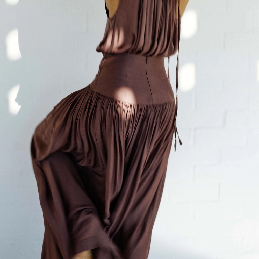 BONDI BORN  Ripple Gathered Washed-Satin Maxi Skirt | Brown | Size M